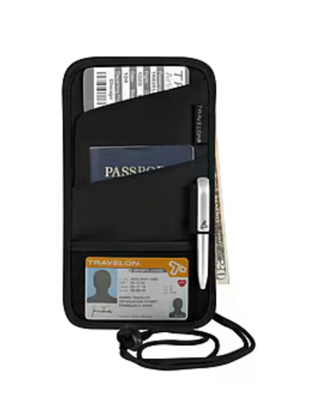 🔥5 FOR $25🔥 Travelon Black Travel Neck Wallet with Pen Loop